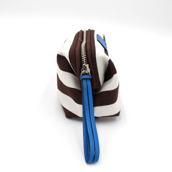 Henri Bendel Cosmetic Bag Brown White Striped Canvas Zip Pouch Travel Makeup - Picture 5 of 8